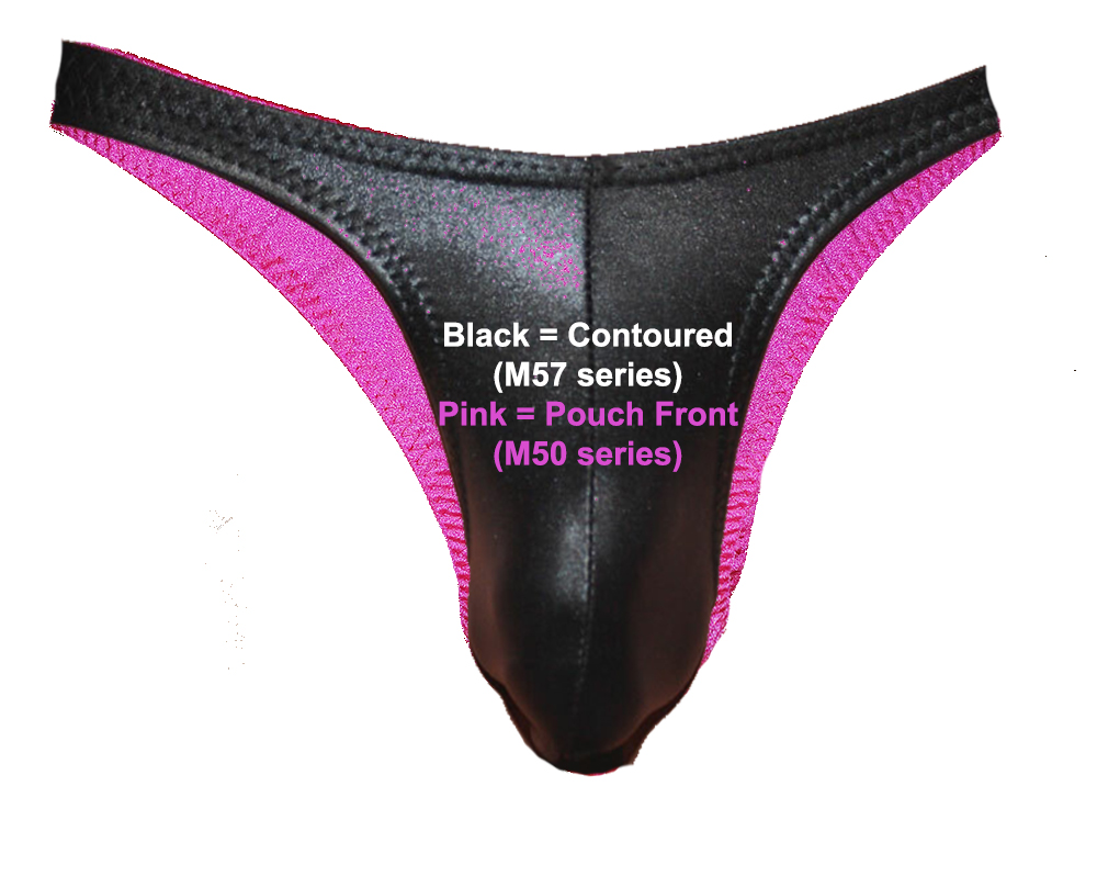 Well Endowed Mens Contoured Pouch Front, Wide Strap Bikini or Thong - shown  in Neon Orange Milliskin Tricot Spandex, custom made by Suzi Fox.